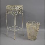 A White Painted Square Wrought Iron Plant Stand, 59cms High and a Modern Cream Painted Plant Pot