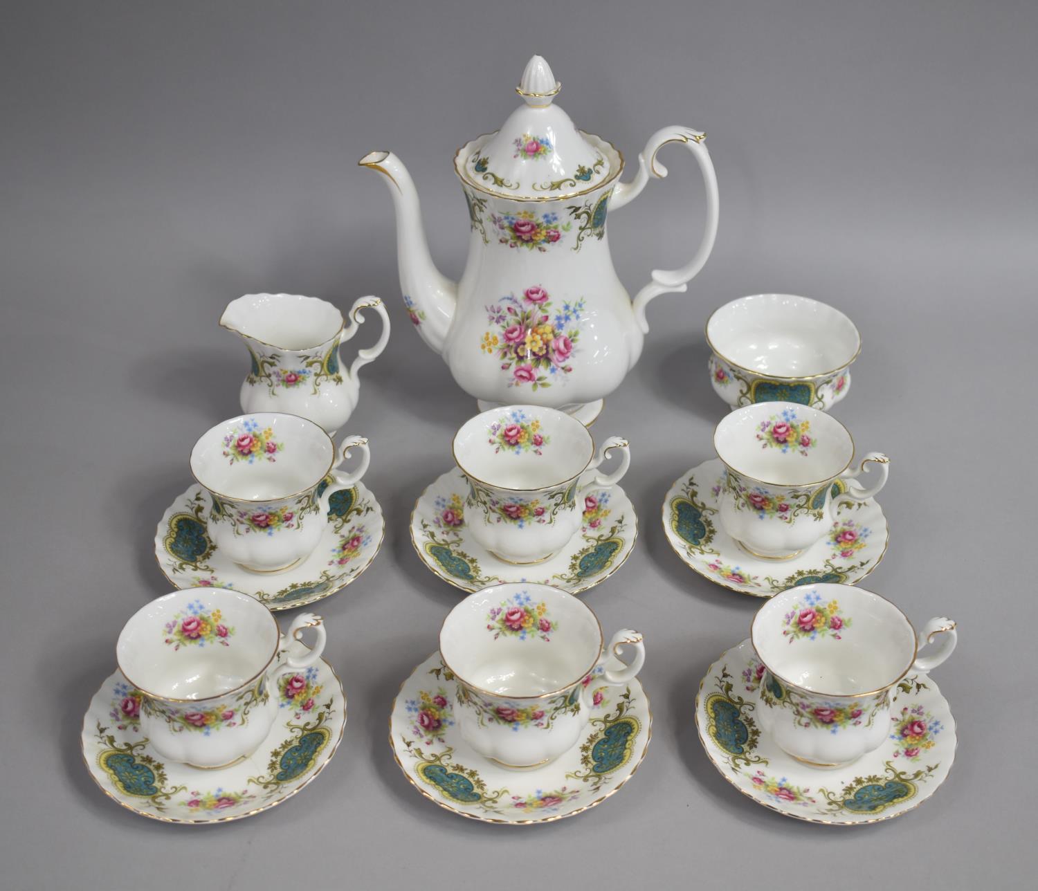 A Royal Albert Berkeley Pattern Coffee Set top comprise Coffee Pot, Milk Jug, Sugar Bowl, Six Coffee