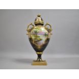 A Continental Hand Painted Two Handled Lidded Vase decorated with River Scenes, 40cms High