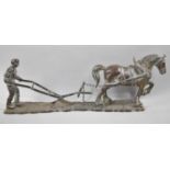 A Large Heavy Brass Study of Horse Ploughing, 52cms Long