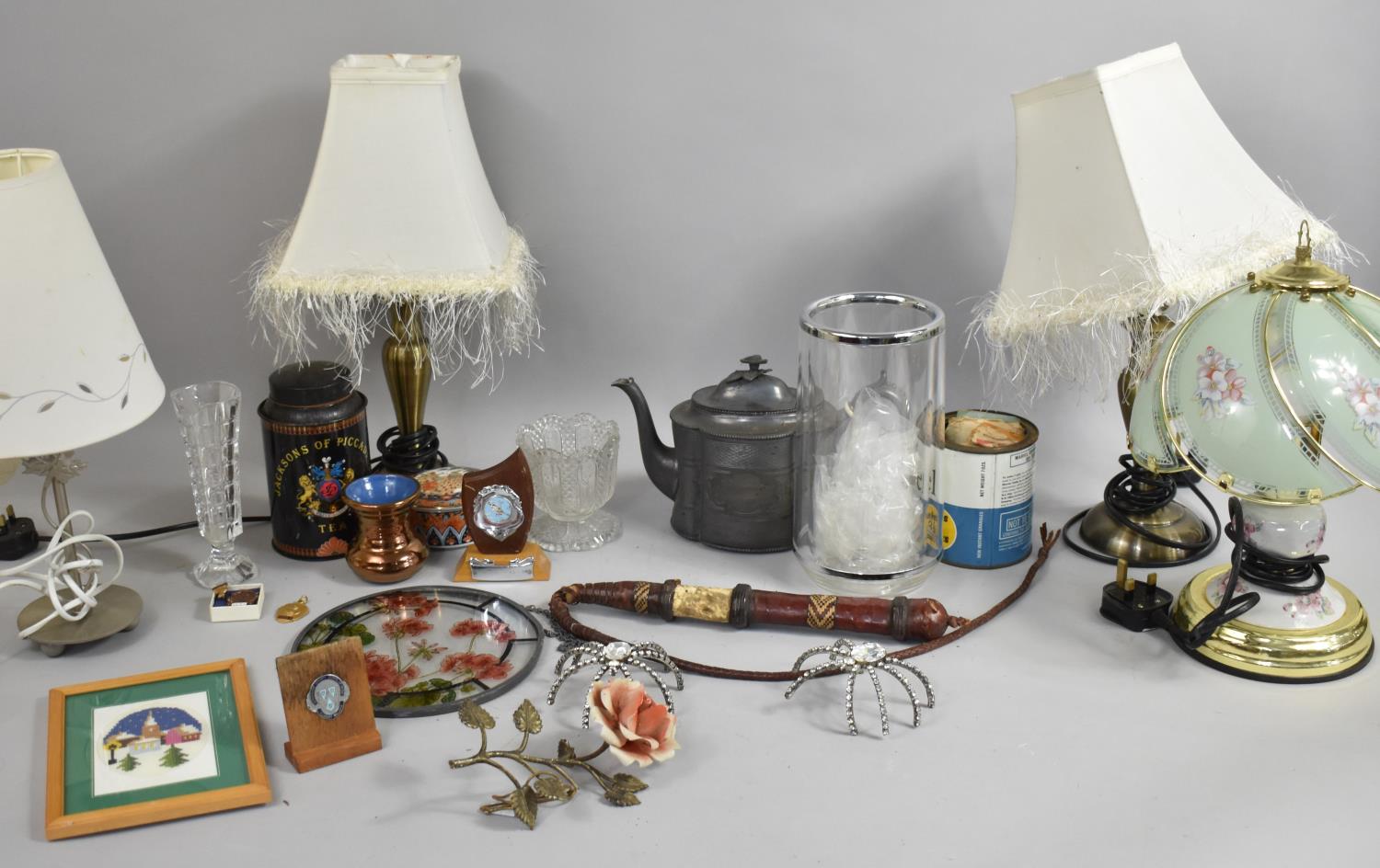 A Box of Sundries to include Table Lamps, Cylindrical Tin, Plated Teapot, Wine Cooler Etc