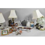 A Box of Sundries to include Table Lamps, Cylindrical Tin, Plated Teapot, Wine Cooler Etc