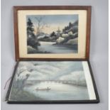 A Framed Oriental Painting on Silk, Pagoda, together with a Picture of a Bridge over River