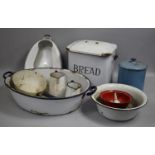 A Collection of Various White and Blue Enamel Wares to include Bread Bin, Bowls Etc