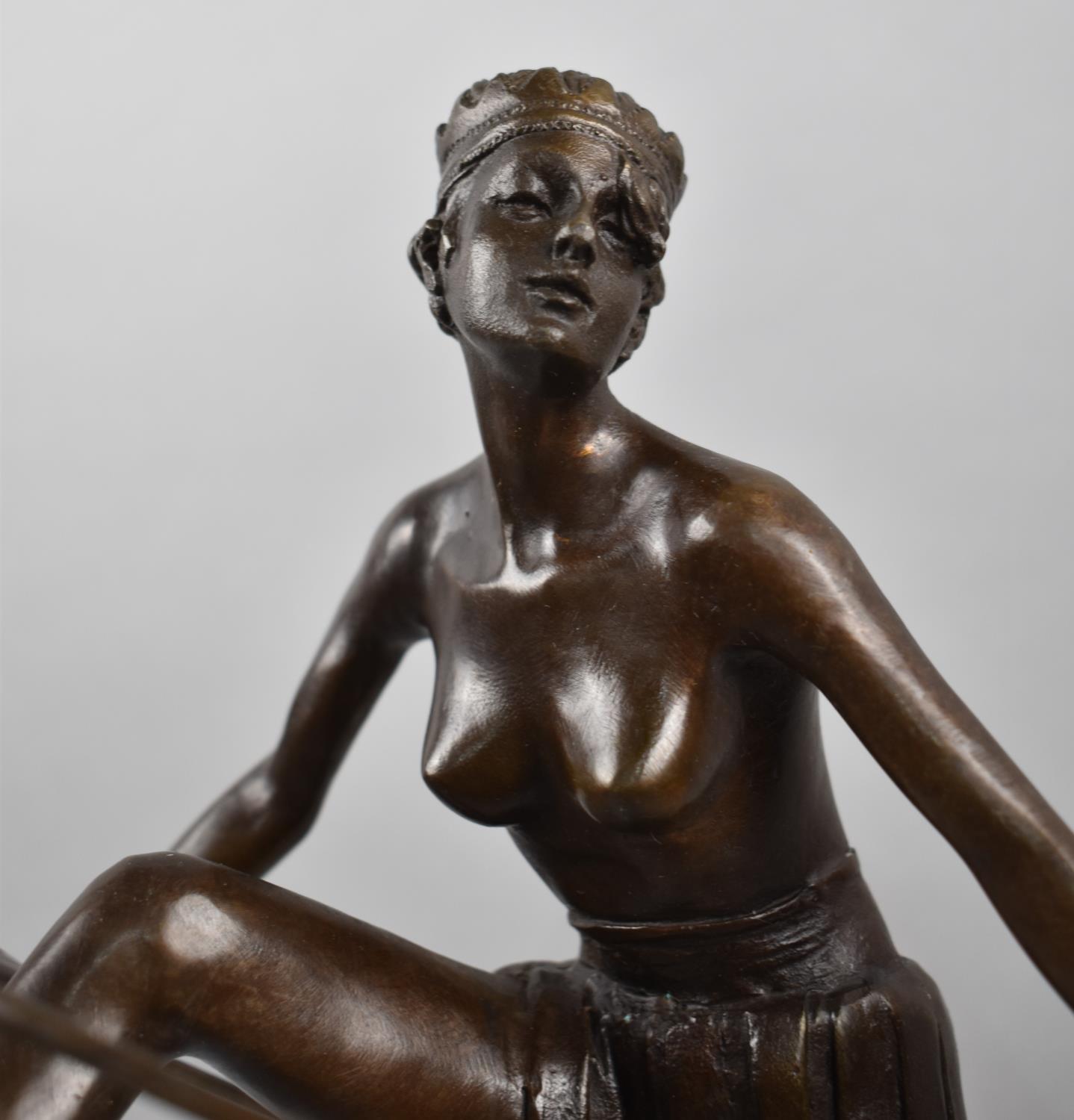 A Large Reproduction Art Deco Bronze of Topless Maiden with Hoop on Circular Marble Base, after D - Image 2 of 4