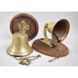 Two Brass Bells on Wooden Wall Hanging Supports, Tallest 23cms High