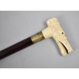 A Reproduction Walking Cane with Carved Bone Handle in the Form of a Dogs Head Wearing Spectacles