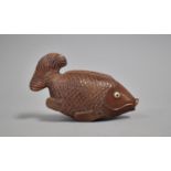 A Modern Carved Wooden Japanese Study of a Fish with Hinged Two Part Circular Receptacle