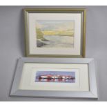 A Framed Print of Rowing Boats and a Watercolour, 17x7cms