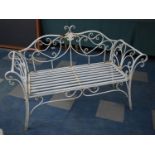 A Modern White Painted Wrought Iron Garden Seat with Scrolled Arms, 131cms Wide