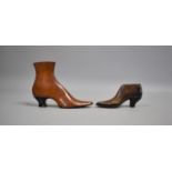 One Treen and One Leather Covered 19th Century Studies of Ladies Boots, Longest 12cms