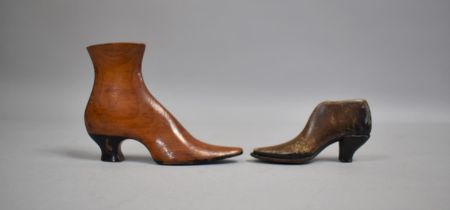 One Treen and One Leather Covered 19th Century Studies of Ladies Boots, Longest 12cms