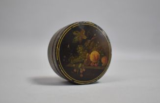 A 19th Century Transfer Printed Circular Lidded Lacquered Box decorated with Fruit, 7cms Diameter
