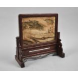 A Reproduction Oriental Hardwood Framed Table Top Screen with Polished Stone Centre, 24cms Wide