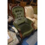 A Late Victorian Mahogany Framed Buttoned Upholstered Ladies Balloon Back Armchair