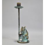 A Modern Green Patinated Bronze Candlestick, The Base with Mouse Reading Book, 23cms High