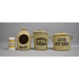 A Glazed Stoneware Salt Crock, Soup Crock and Salt Pig together with an Original Cornish Kitchenware