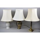 Two Brass and One Ceramic Table Lamps and Shades