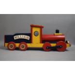 A Vintage Wooden Railway Engine Toy, One Wheel requires Refixing, 82cms Long