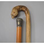 A Malacca Walking Cane with White Metal Handle together with a Novelty Walking Stick, The Handle