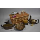 A Wicker basket Containing Silver Plate and Glasswares to include Sugar Sifter, Teapot, Butter Dish,