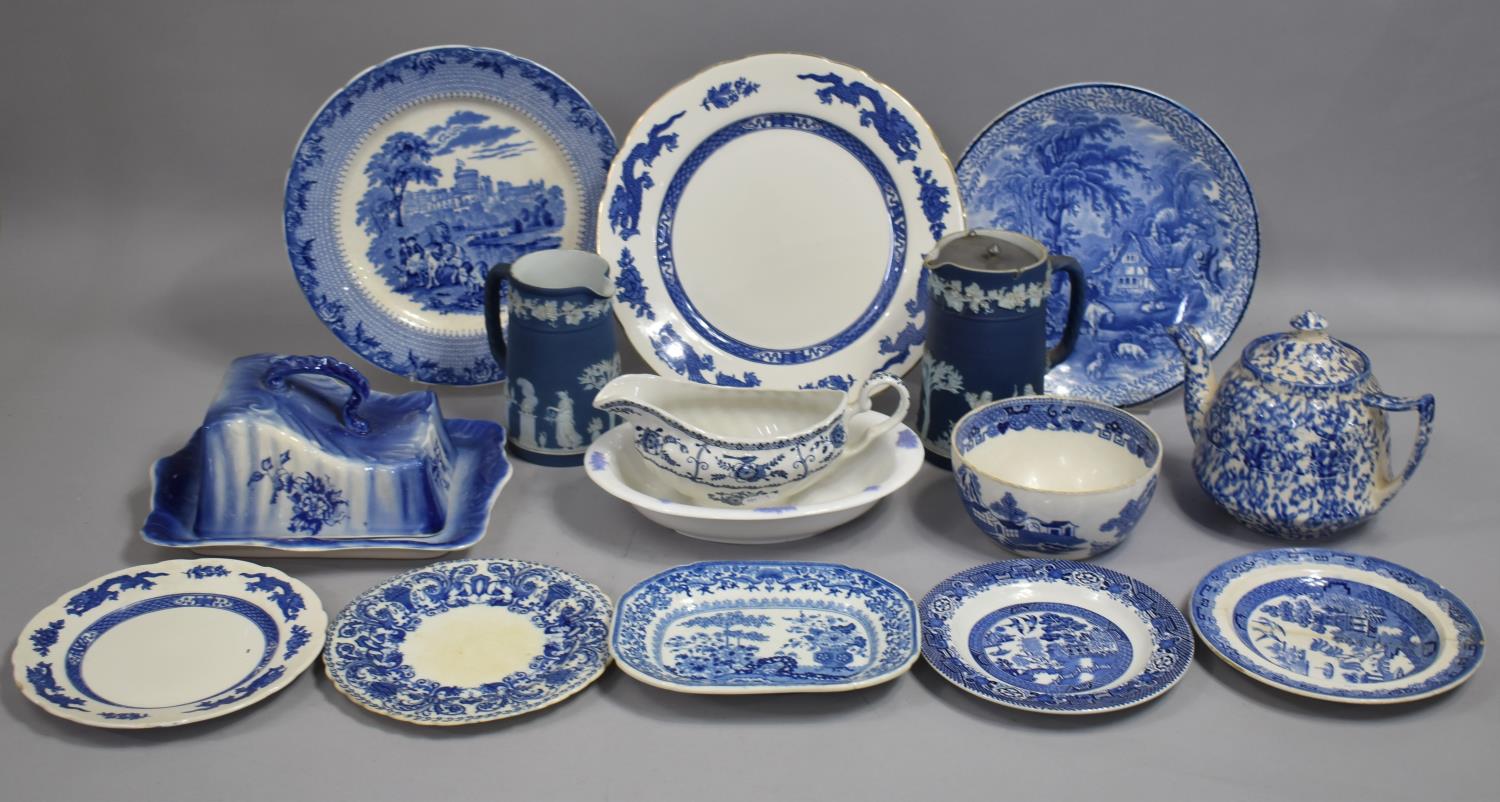 A Collection of Various Blue and White to include Jasperware Jug, Cheese Dish and Cover, Various