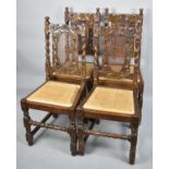 A Set of Four Mid 20th Century Carved Oak Gothic Style Side Chairs with Caned Backs, all Require