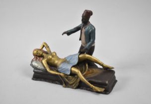 A Cold Painted Novelty Bronze Erotic Figure Group Depicting Semi-clad Maiden with Hinged Skirt and