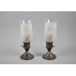 A Pair of Sterling Silver Table Lamps with Hurricane Shaped Glass Shades, Each 25cms High