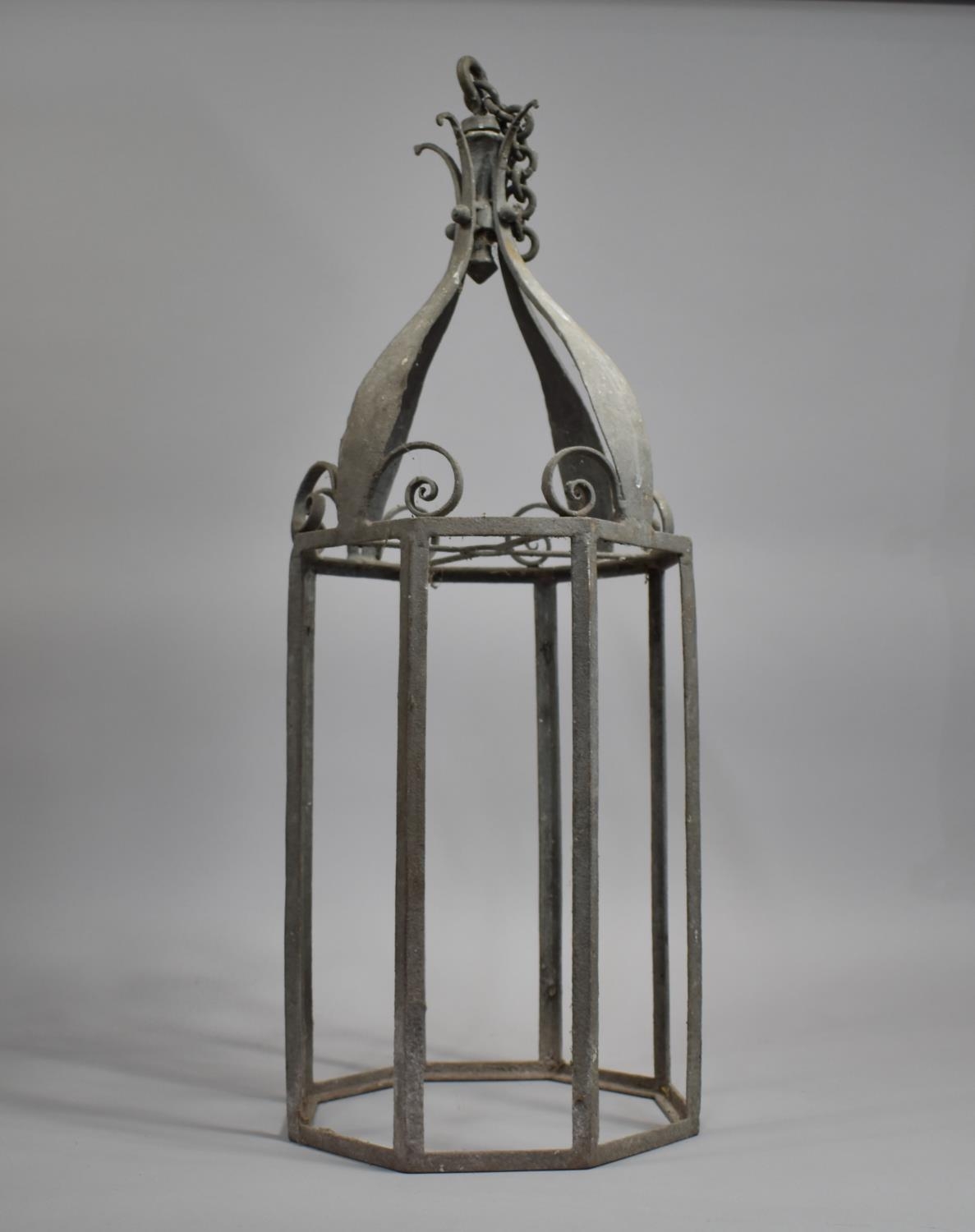 A Wrought Iron Octagonal Hanging Lantern Frame, 79cms High