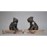 A Pair of Art Deco Spelter Bookends, Cat and Dog Set on Rectangular Plinth Bases, 12cm high