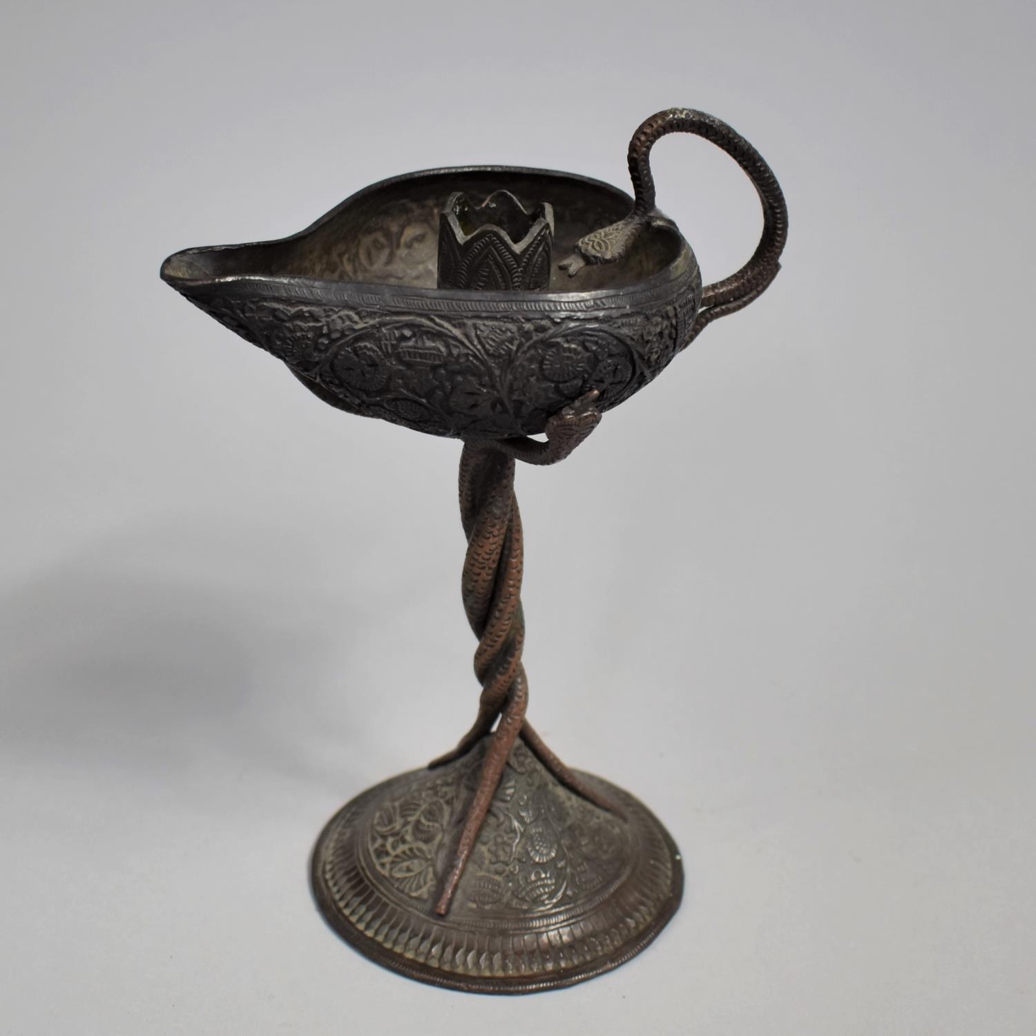 An Indian Bronze Altar Offering Oil Lamp/Jug with Central Candle Holder, Snake Stylised Handle and - Image 4 of 5