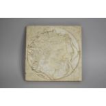 An Art Deco Continental Carved Marble Plaque, Side Portraits of Greek Goddess Salacia, 28cms Square