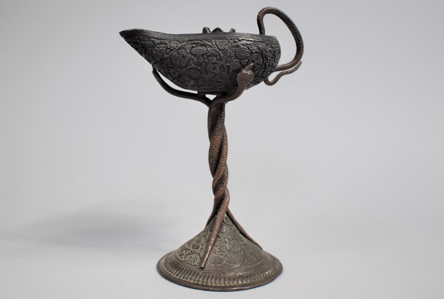 An Indian Bronze Altar Offering Oil Lamp/Jug with Central Candle Holder, Snake Stylised Handle and