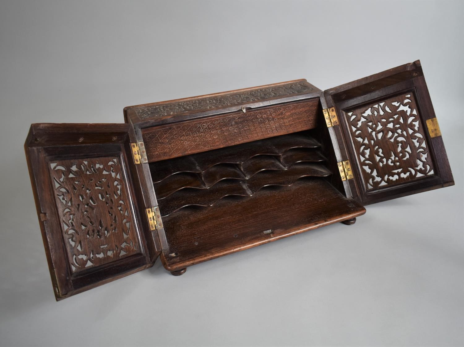 A 19th Century Anglo Indian Colonial Stationery Cabinet with Intricately Carved Decoration and Doors - Image 3 of 3