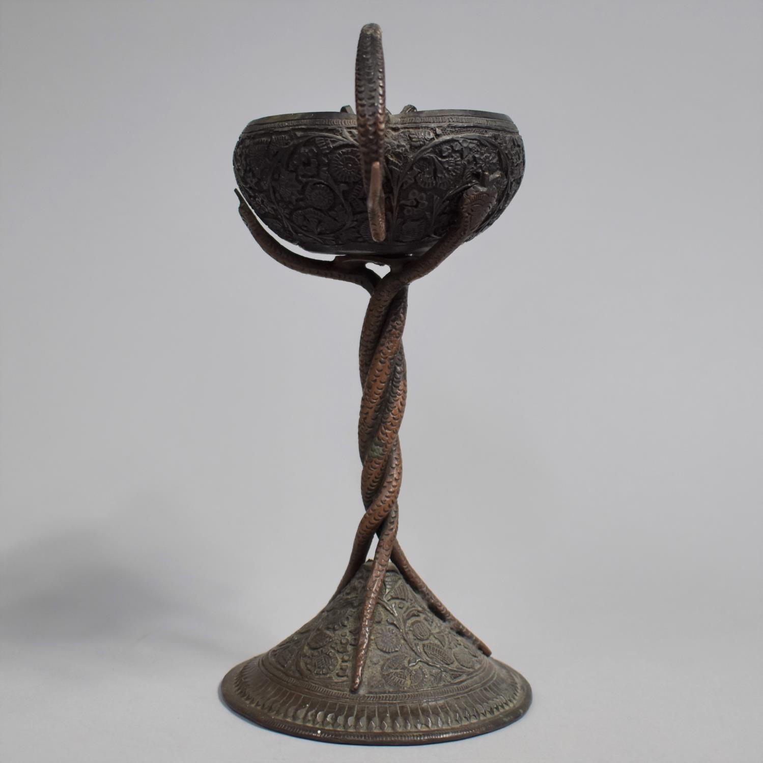 An Indian Bronze Altar Offering Oil Lamp/Jug with Central Candle Holder, Snake Stylised Handle and - Image 2 of 5