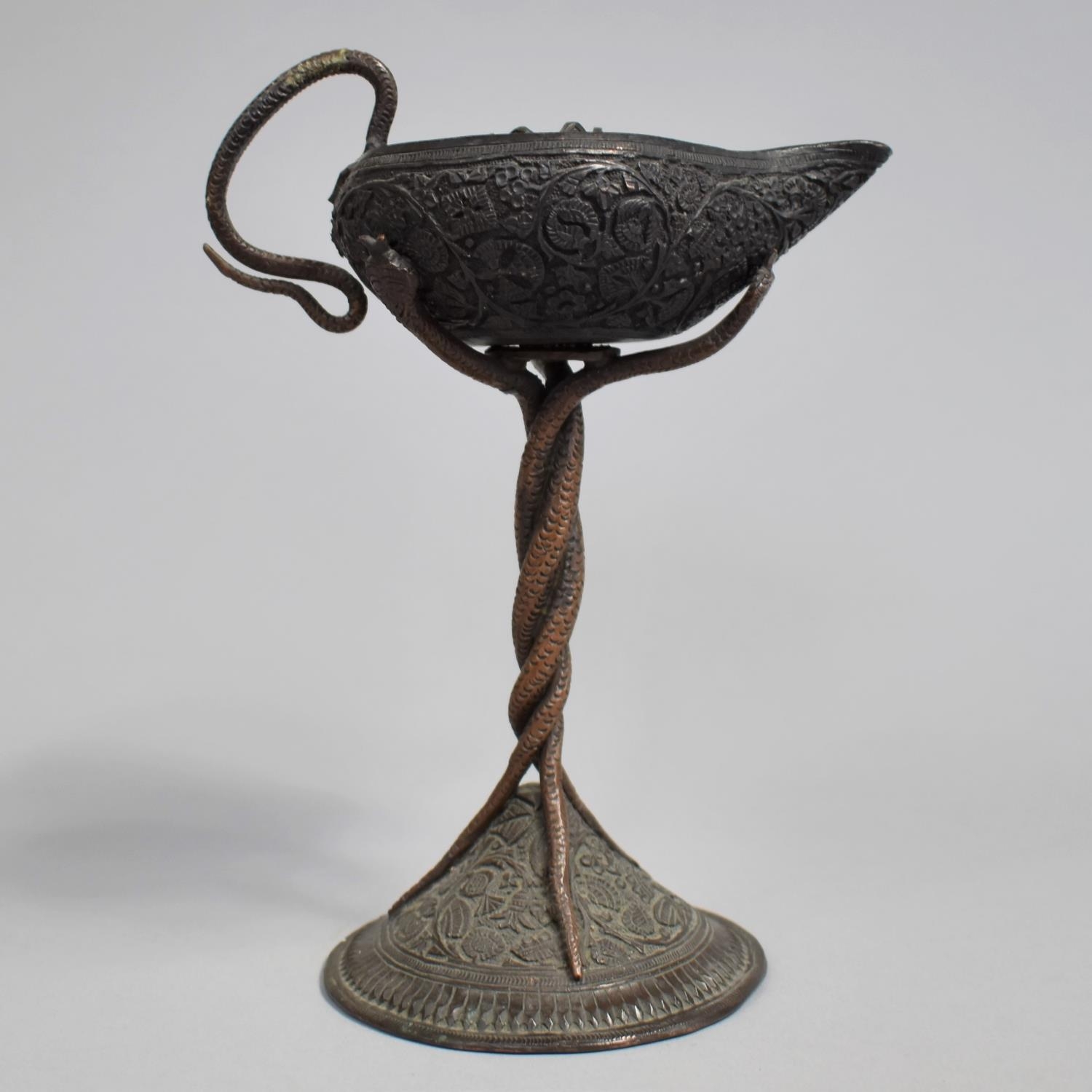 An Indian Bronze Altar Offering Oil Lamp/Jug with Central Candle Holder, Snake Stylised Handle and - Image 3 of 5