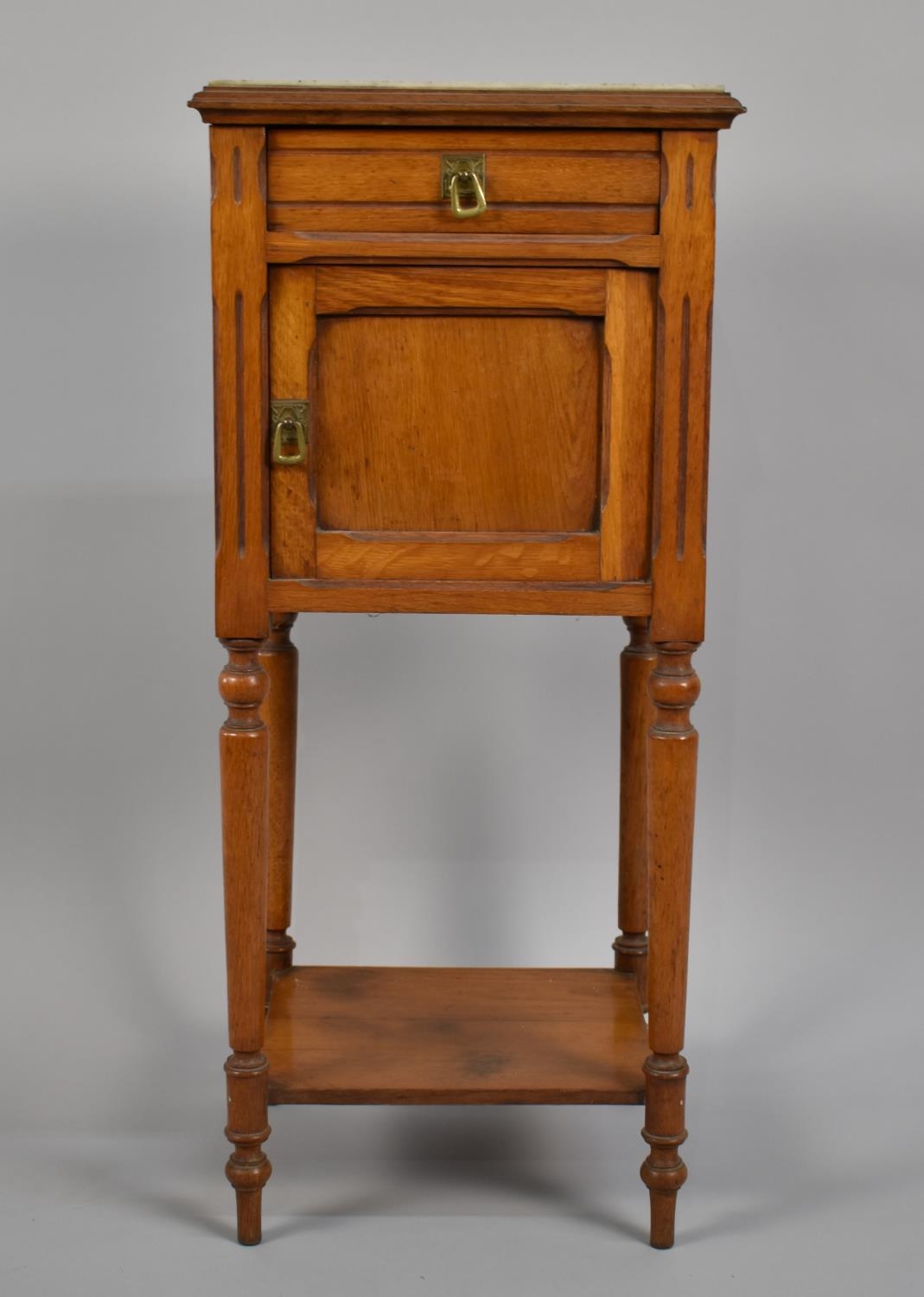 A Late 19th Century Continental Oak Arts and Crafts Style Pot Cupboard with Inset Marble Top over - Image 2 of 2