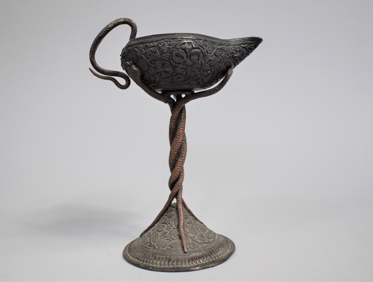 An Indian Bronze Altar Offering Oil Lamp/Jug with Central Candle Holder, Snake Stylised Handle and - Image 5 of 5