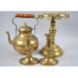 A Late 19th Century Circular Brass Trivet Stand, Modern Kettle and Pair of Small Brass Candlesticks