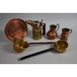 A Collection of Copper and Brass Items to include Measuring Jugs, Blow Torch, Saucepans, Etc