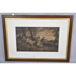 An Oak Framed Etching Depicting Milk Maid with Calves Carrying Churn with Boy, 67x40cms
