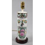 A Late 20th Century Chinese Cylindrical Table Lamp with Floral Bird Decoration in the Famille Rose