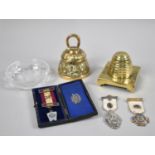 A Collection of Masonic Items to Include Brass Beehive Inkwell, Small Handbell, Jewels and Glass