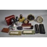 A Collection of Sundries to Include Modern Binoculars, Clockwork Alarm Clocks, Parker and Other Pens