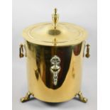 A Nice Quality Cylindrical Brass Coal Bucket with Lid and Twin Carry Handles, Complete with Liner