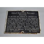 A Late 19th Century Cast Iron Railway Bridge Sign for Great Eastern Railway, Warning Notice, 48cm