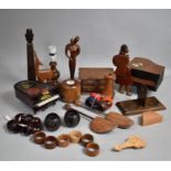 A Collection of Various Treen to comprise Musical Boxes, Table Lamp Bases, Animal Ornaments Etc