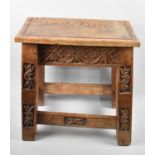 An Edwardian Carved Oak Rectangular Topped Stool, Top AF, 40cm wide