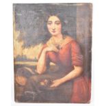 A 19th Century Oil on Board, Portrait of Seated Maiden with Posy of Flowers, Board Stamped Brown,